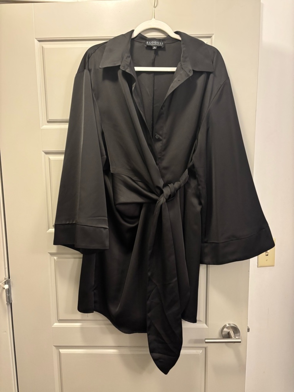 Eloquii Black Satin Tie-Waist Shirt Dress
